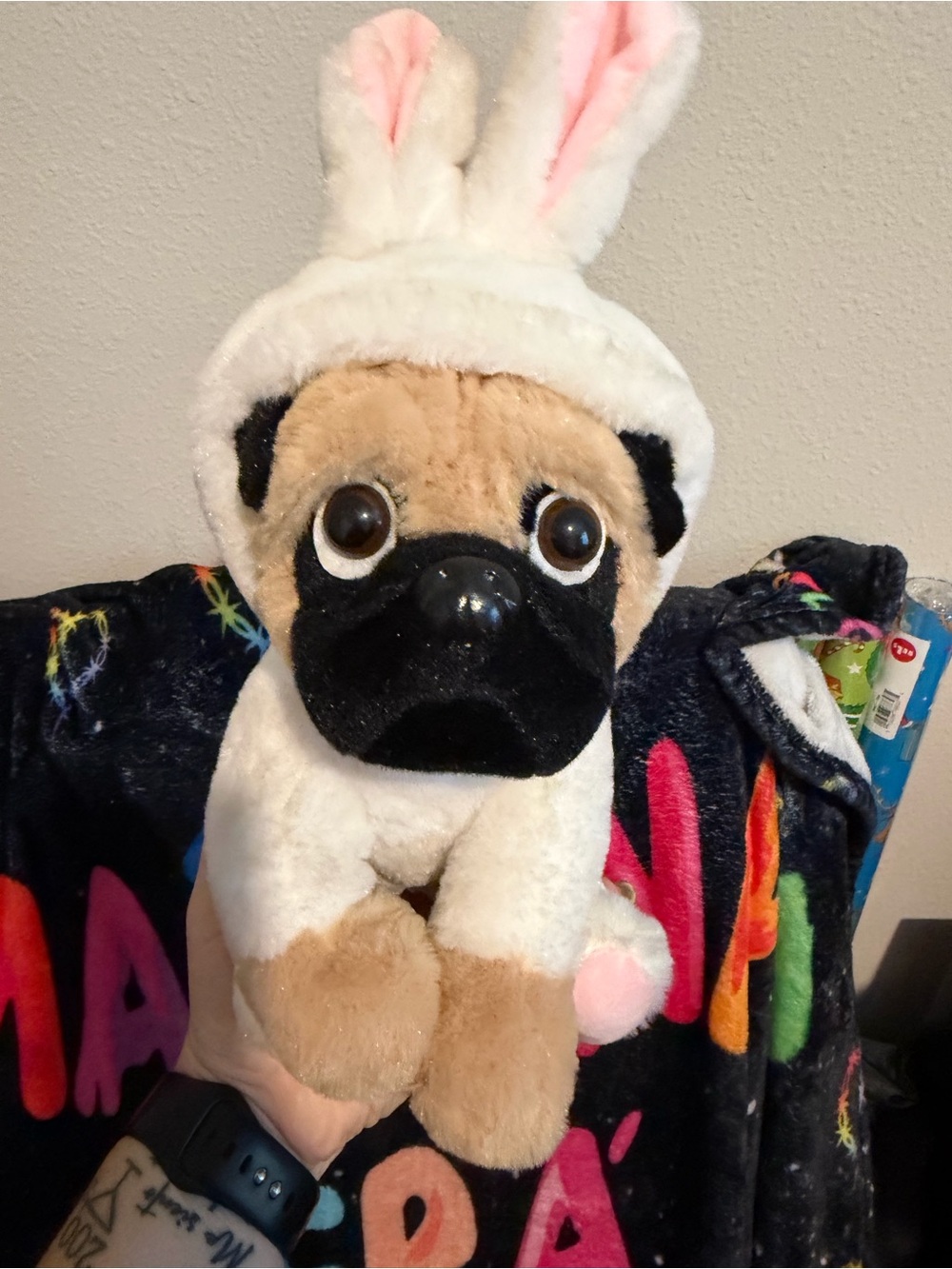 Plush Pug Dog Toy in White Bunny Costume - Soft Pink Accents